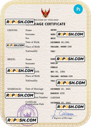 Thailand marriage certificate PSD template, completely editable