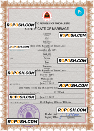 Timor-Leste marriage certificate PSD template, fully editable