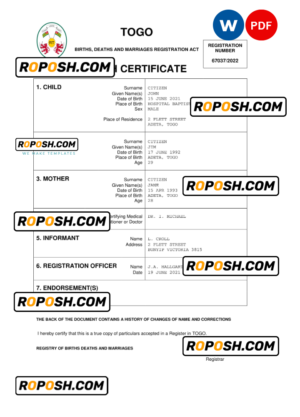 Togo vital record birth certificate Word and PDF template, completely editable