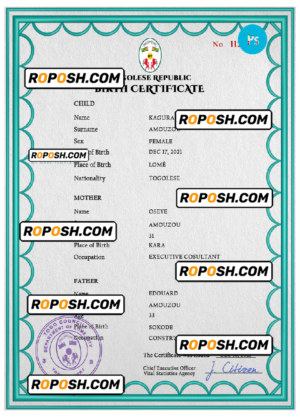 Togo birth certificate PSD template, completely editable