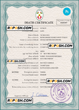 Togo death certificate PSD template, completely editable