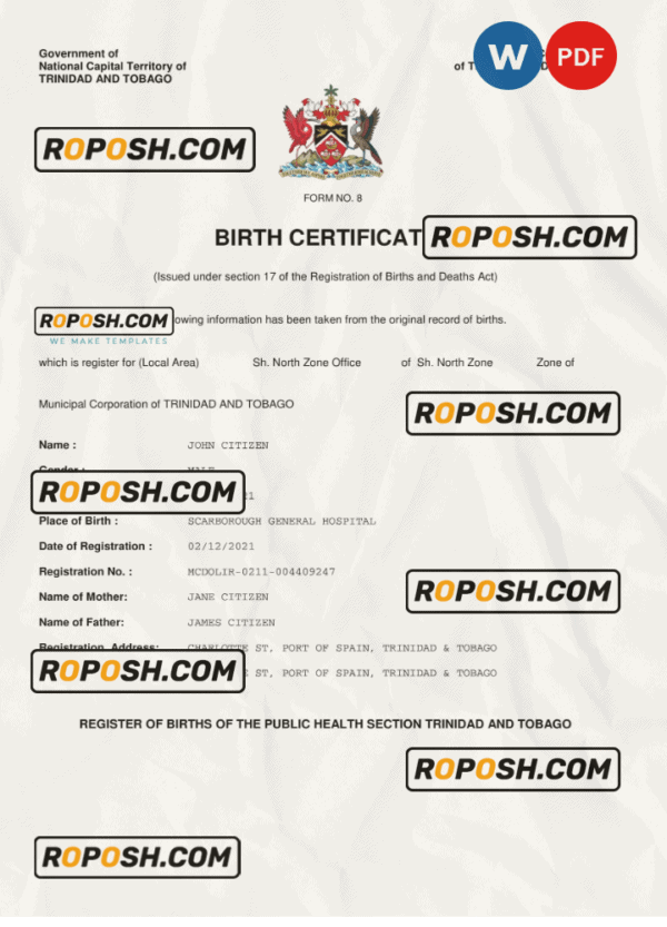 Trinidad & Tobago birth certificate Word and PDF template, completely editable
