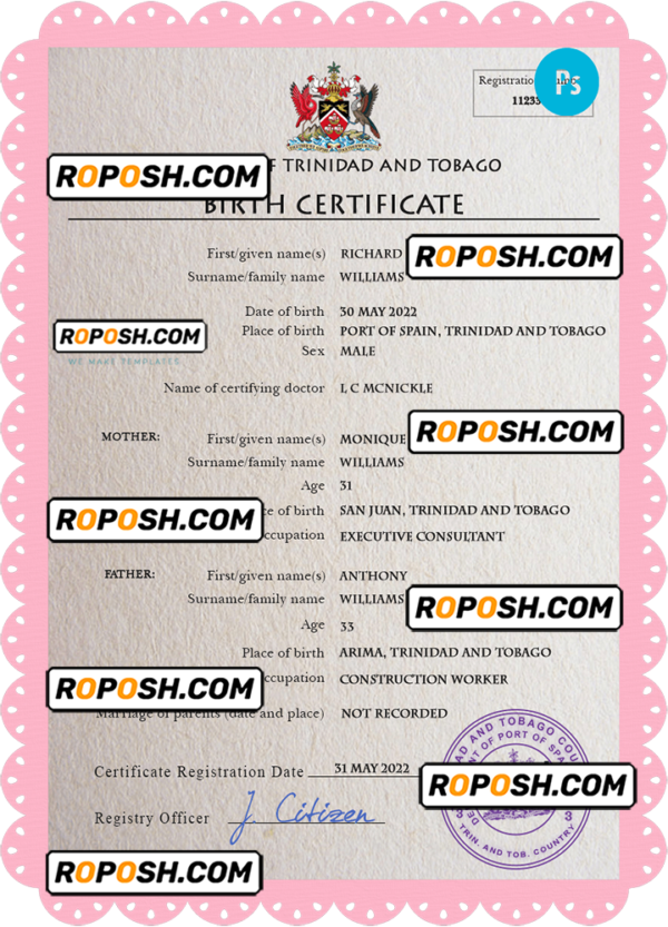 Trinidad and Tobago vital record birth certificate PSD template, fully editable