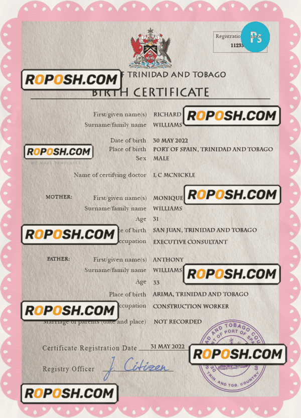 Trinidad and Tobago vital record birth certificate PSD template, fully editable