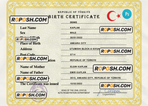 Turkey birth certificate PSD template, completely editable scan effect