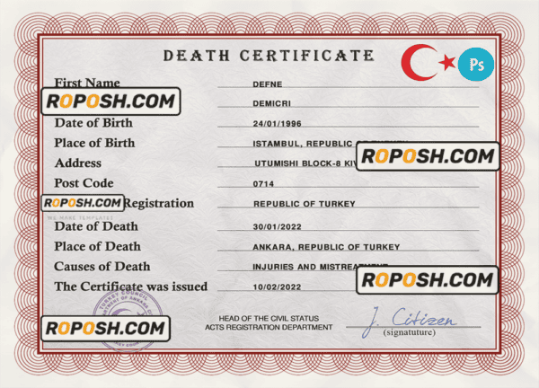 Turkey death certificate PSD template, completely editable