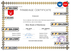 Turkey marriage certificate Word and PDF template, completely editable