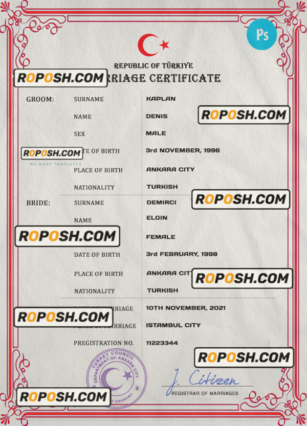 Turkey marriage certificate PSD template, fully editable scan effect