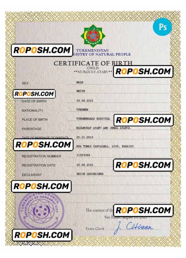 Turkmenistan vital record birth certificate PSD template, fully editable