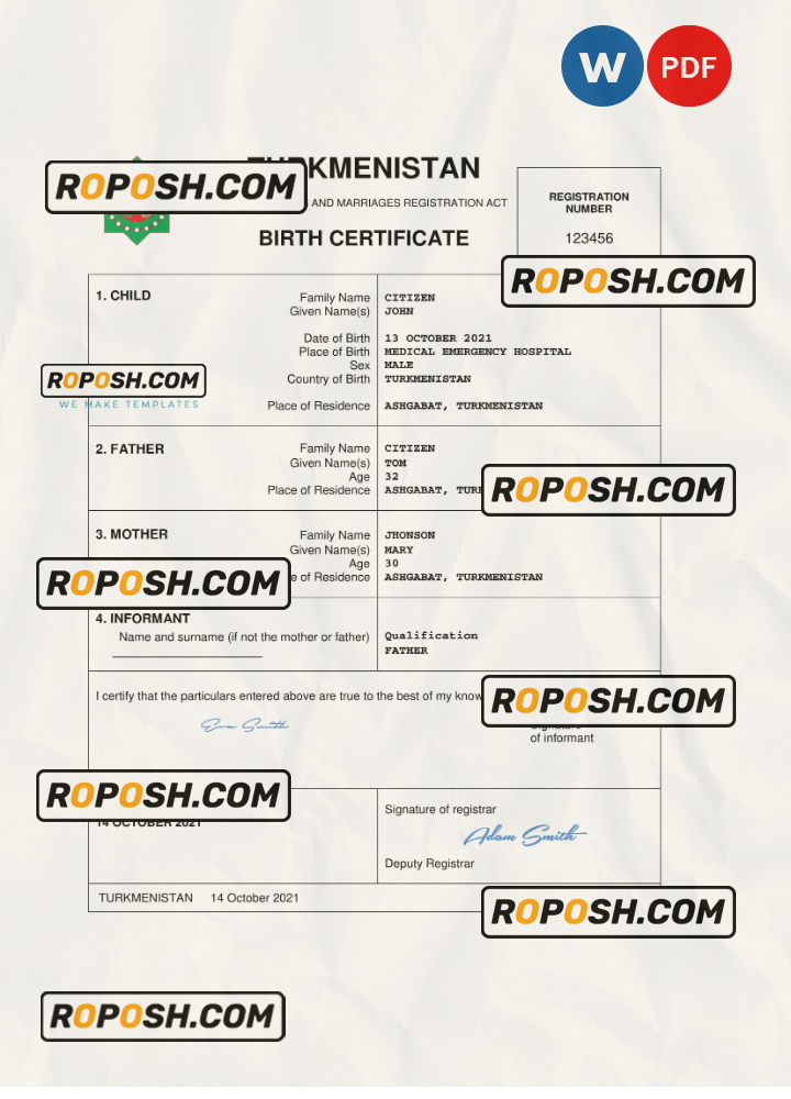Turkmenistan vital record birth certificate Word and PDF template, completely editable scan effect
