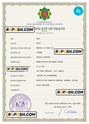 Turkmenistan death certificate PSD template, completely editable