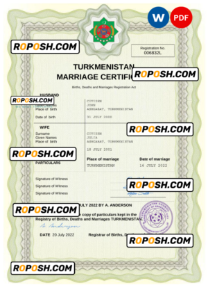 Turkmenistan marriage certificate Word and PDF template, fully editable