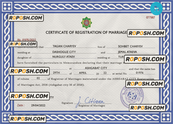 Turkmenistan marriage certificate PSD template, completely editable