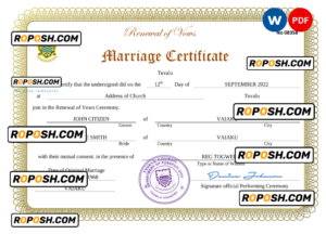 Tuvalu marriage certificate Word and PDF template, completely editable