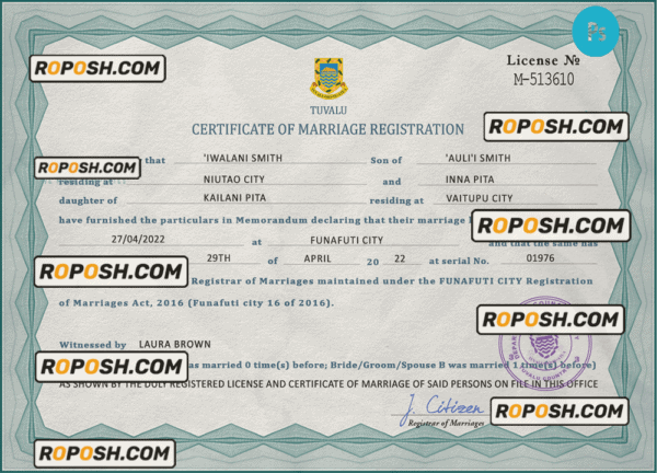 Tuvalu marriage certificate PSD template, fully editable
