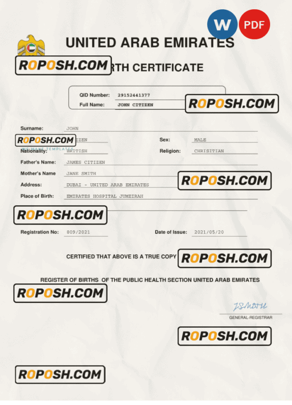 UAE vital record birth certificate Word and PDF template, completely editable