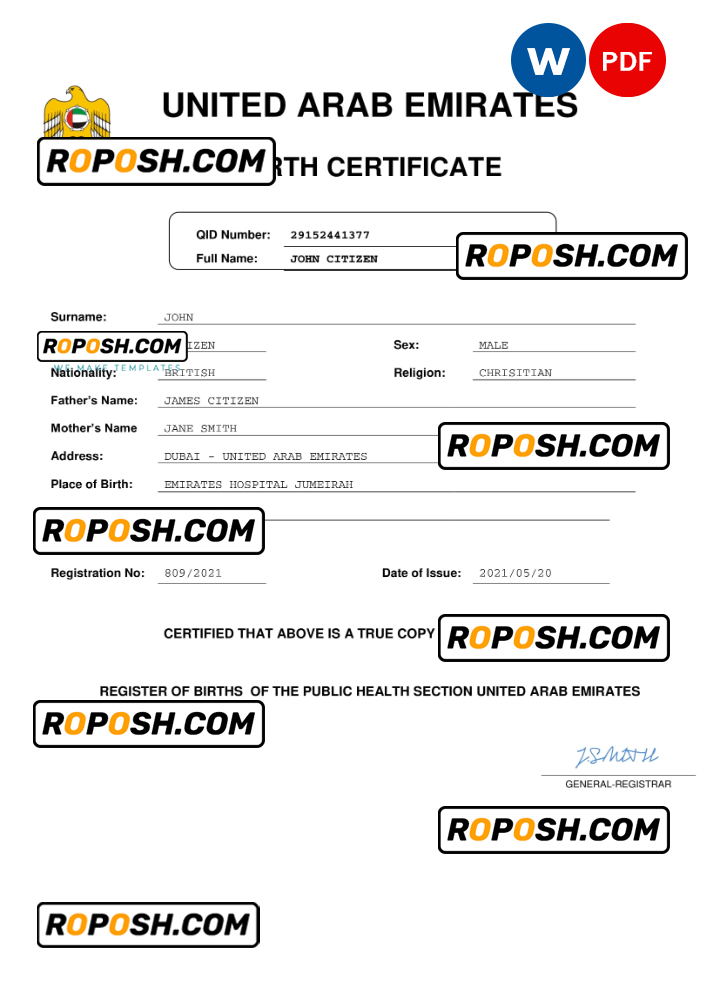UAE vital record birth certificate Word and PDF template, completely editable