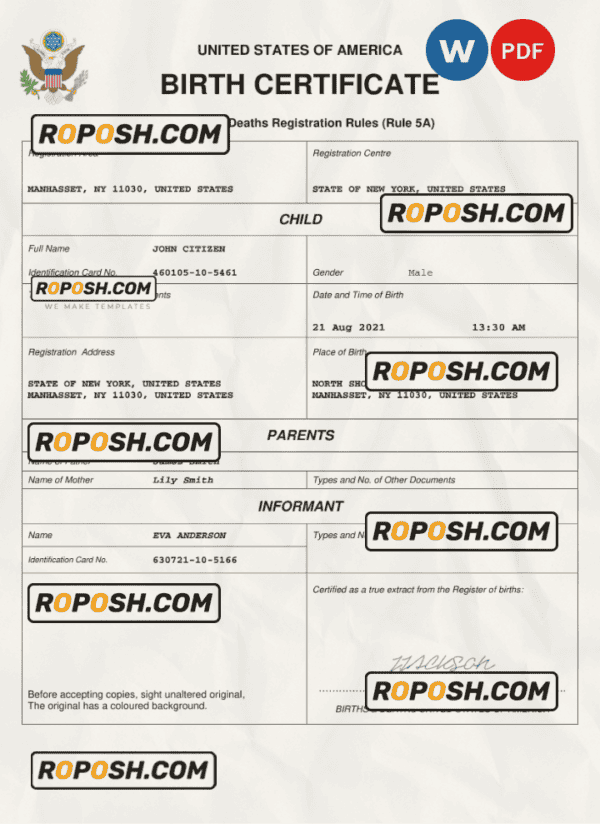 USA birth certificate Word and PDF template, completely editable