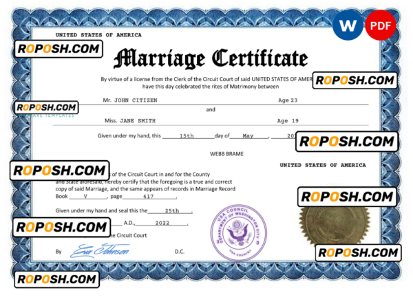 USA marriage certificate Word and PDF template, completely editable