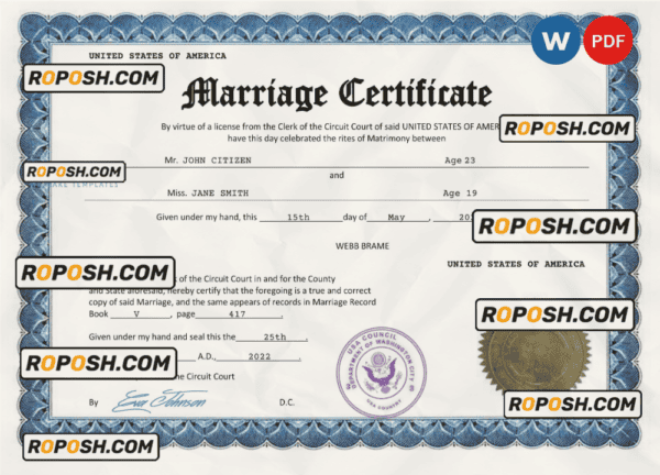 USA marriage certificate Word and PDF template, completely editable