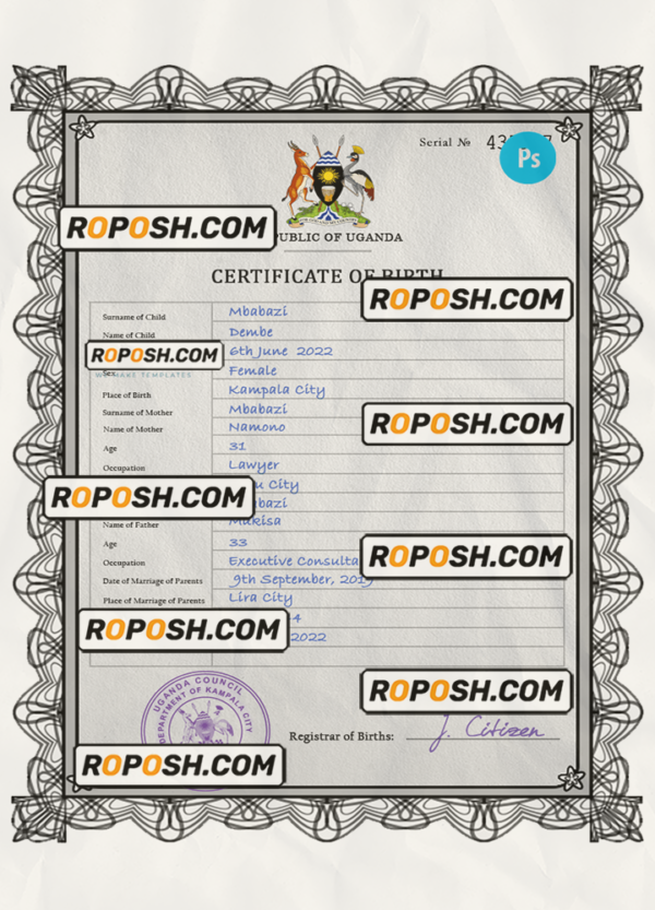 Uganda birth certificate PSD template, completely editable scan effect