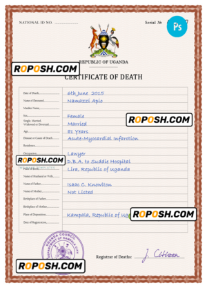 Uganda vital record death certificate PSD template, fully editable