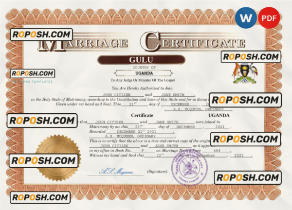Uganda marriage certificate Word and PDF template, completely editable scan effect