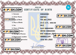 Ukraine vital record birth certificate PSD template, fully editable