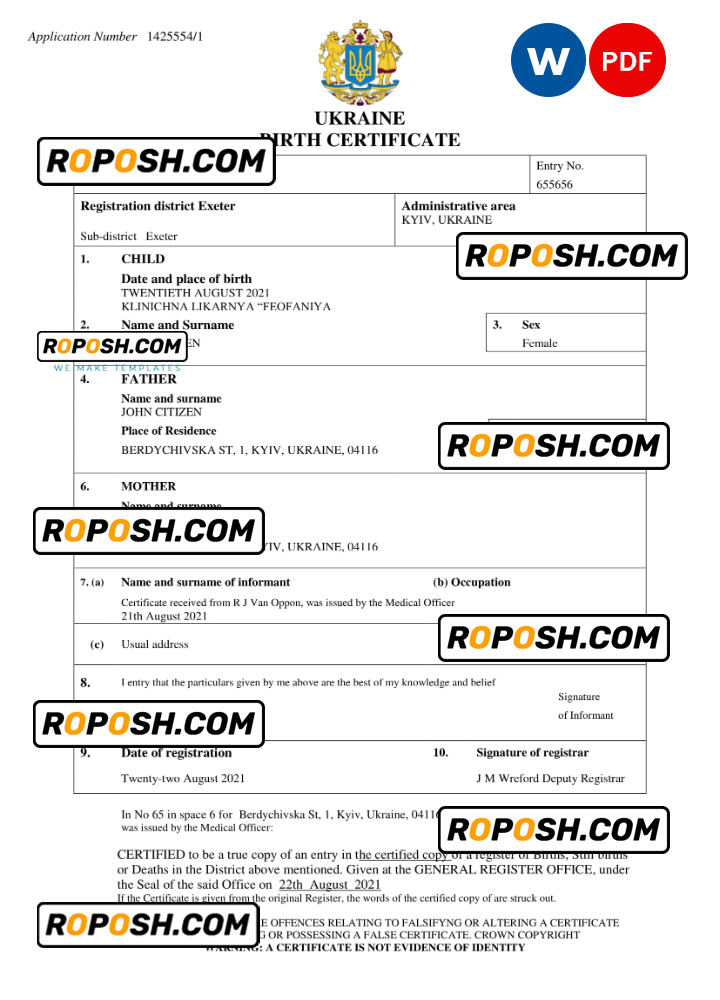 Ukraine birth certificate Word and PDF template, completely editable