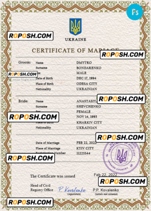 Ukraine marriage certificate PSD template, fully editable