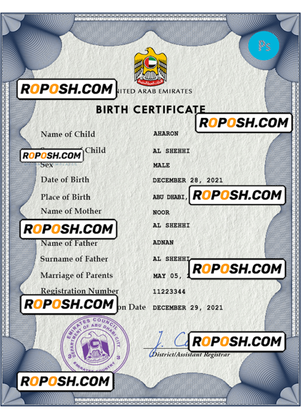 UAE vital record birth certificate PSD template