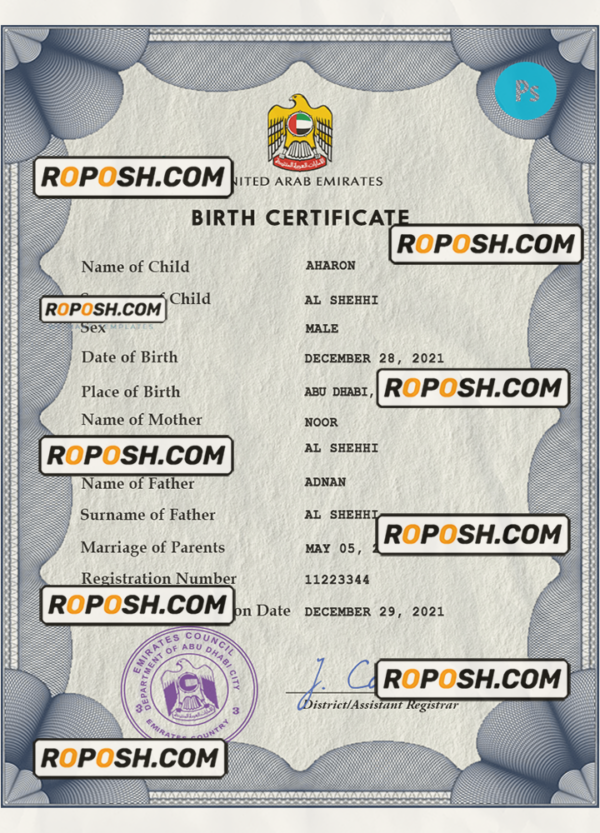 UAE vital record birth certificate PSD template scan effect