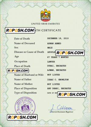 UAE vital record death certificate PSD template, completely editable