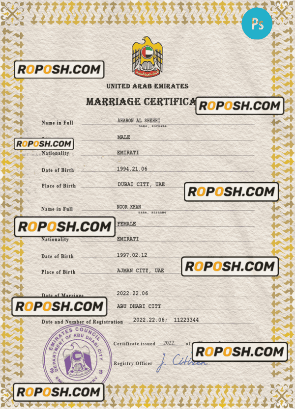 UAE marriage certificate PSD template, completely editable