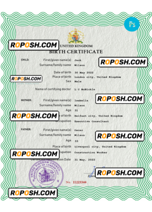 United Kingdom birth certificate PSD template, completely editable