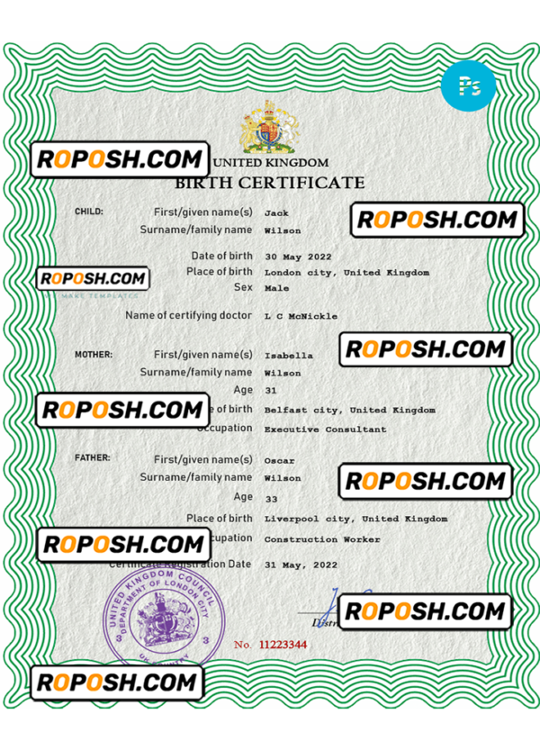United Kingdom birth certificate PSD template, completely editable