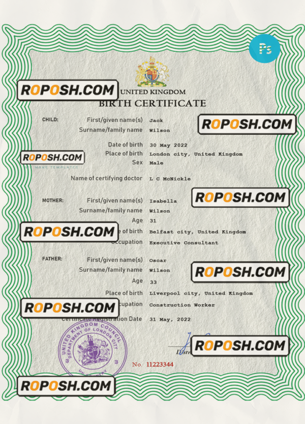 United Kingdom birth certificate PSD template, completely editable scan effect