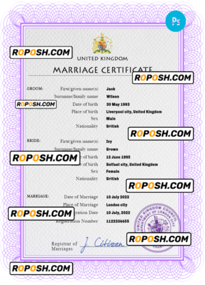 United Kingdom marriage certificate PSD template, fully editable