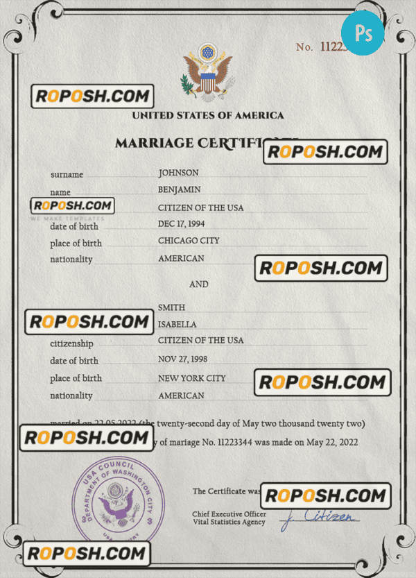 USA marriage certificate PSD template, completely editable