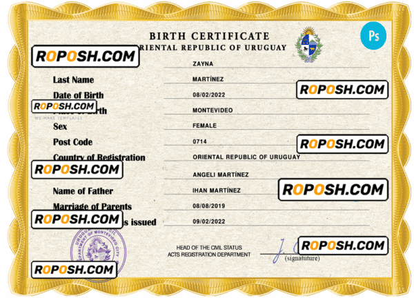 Uruguay vital record birth certificate PSD template