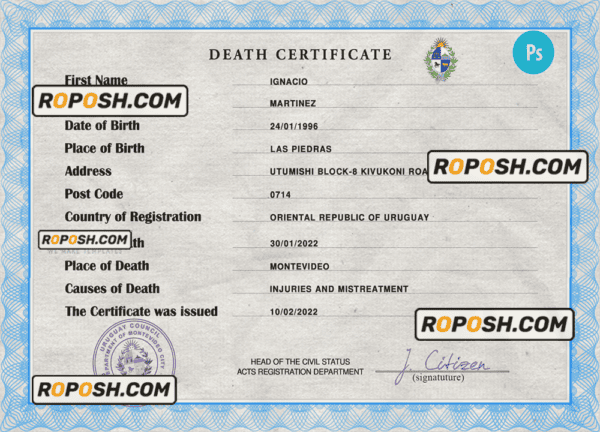 Uruguay vital record death certificate PSD template, fully editable