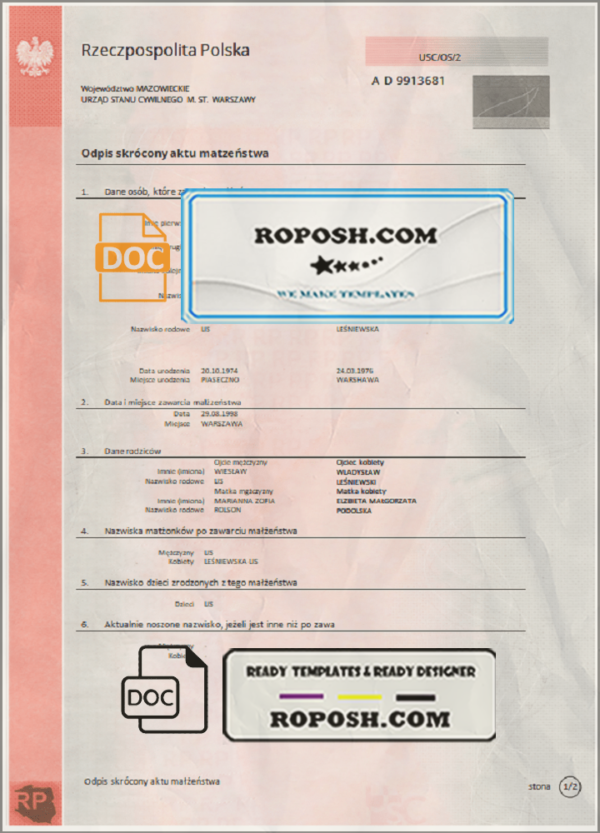 Poland marriage certificate template in Word and PDF format scan effect