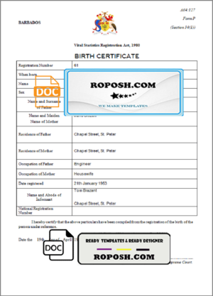 Barbados birth certificate template in Word and PDF format