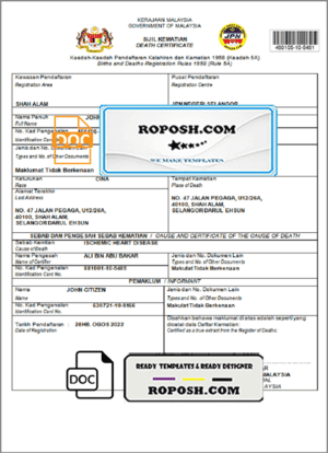 Malaysia death certificate template in Word and PDF format
