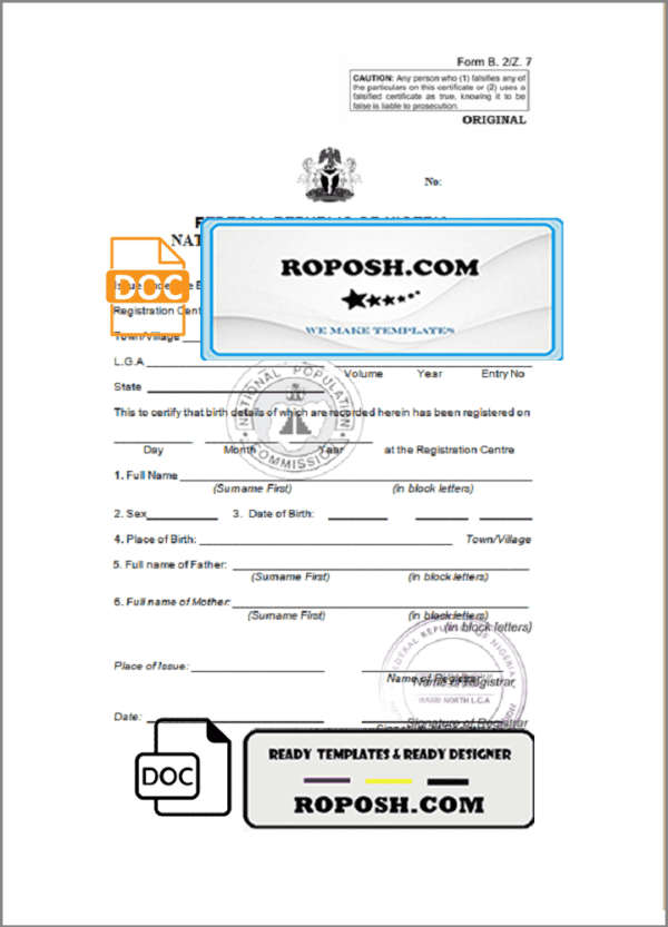 Barbados birth certificate template in Word and PDF format