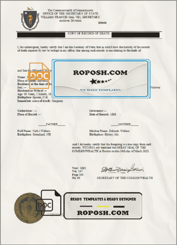 USA Massachussetts Death Certificate statement template in Word and PDF format