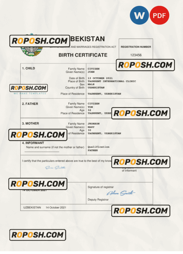 Uzbekistan vital record birth certificate Word and PDF template, completely editable