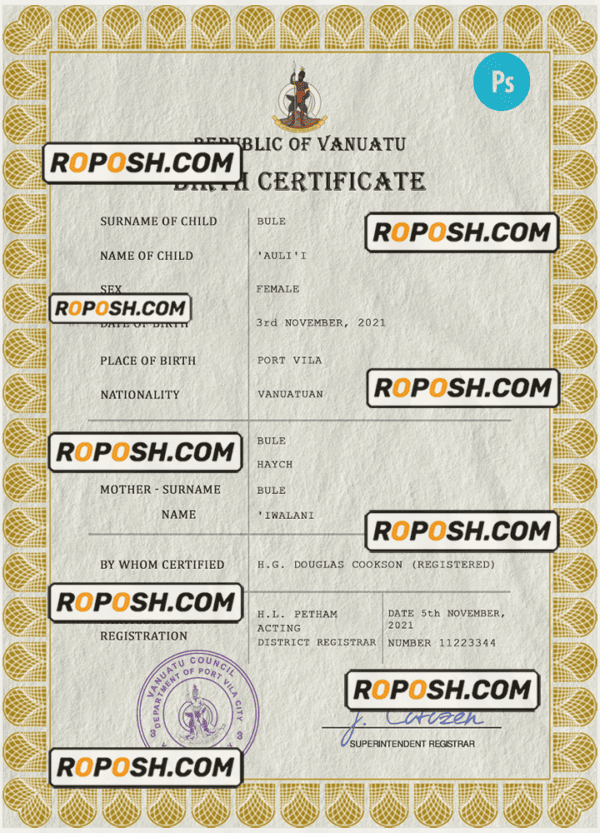 Vanuatu vital record birth certificate PSD template, fully editable