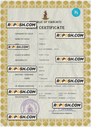 Vanuatu vital record birth certificate PSD template, fully editable