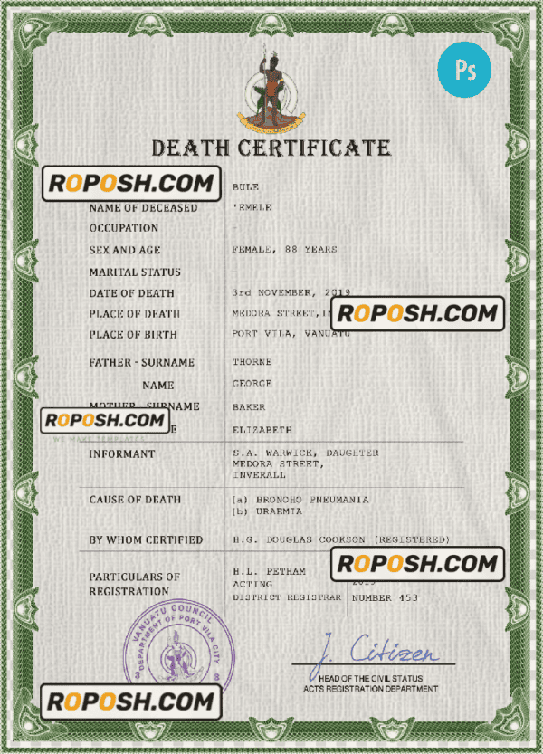 Vanuatu vital record death certificate PSD template, completely editable